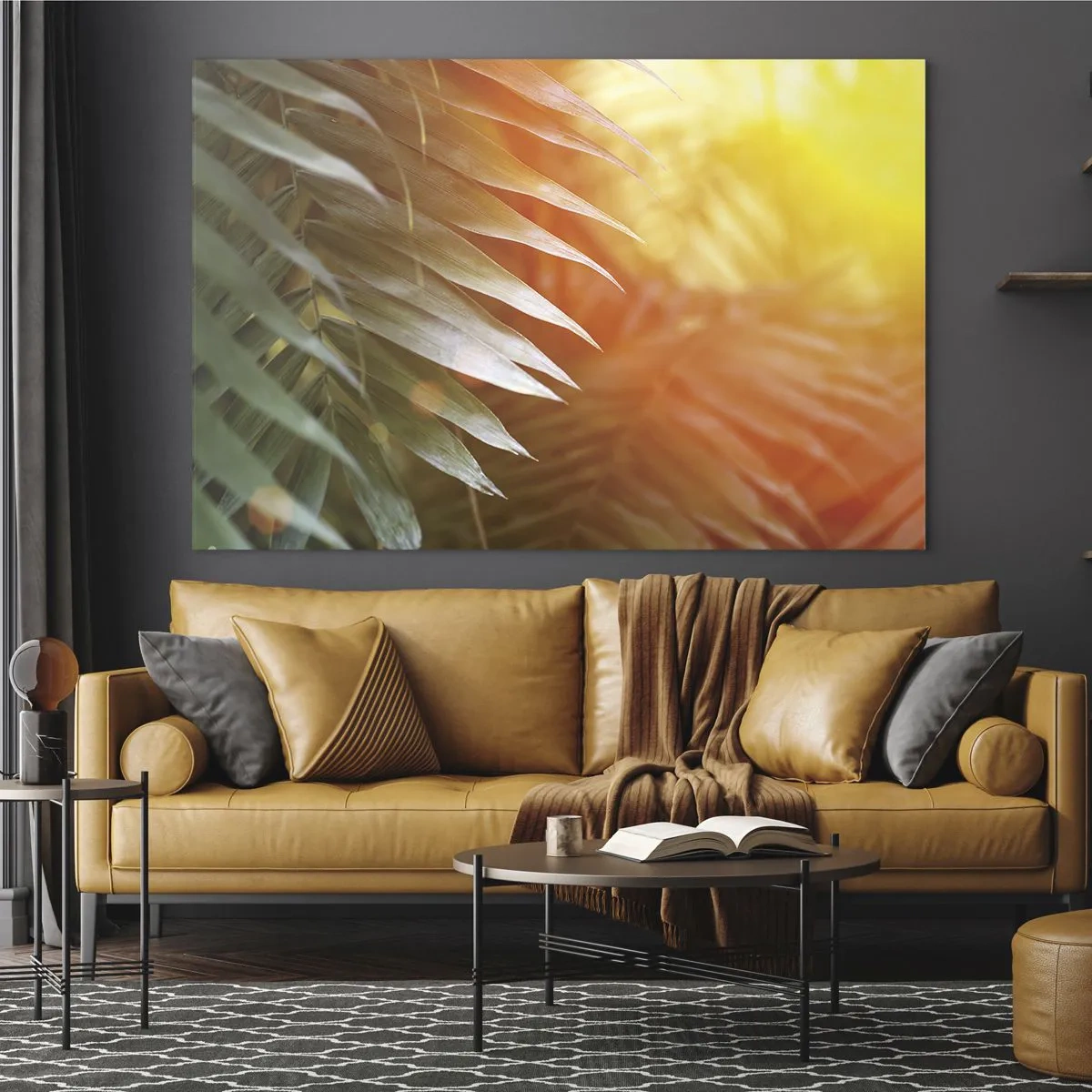 Glass picture - Palm leaves in the glow of the morning sun in a tropical setting - 70x50cm - Morning in the Jungle - Modern wall decoration for the living room and bedroom ARTTOR