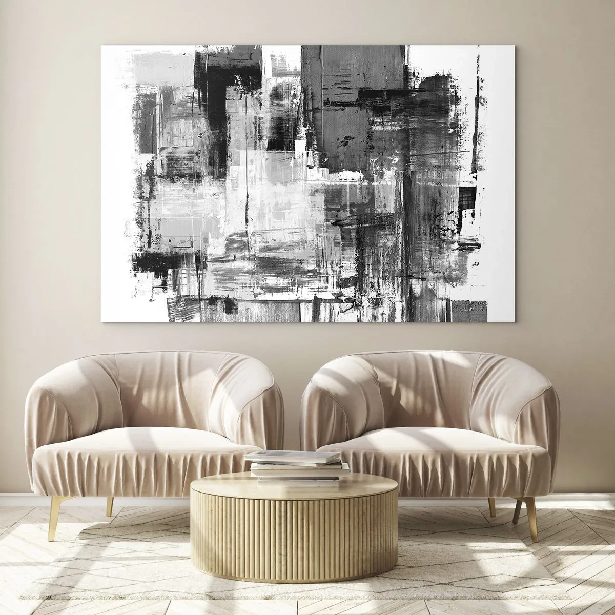 Glass picture - Black and white abstraction with a geometric structure - 70x50cm - Grey is Beautiful - Modern wall decoration for the living room and bedroom ARTTOR
