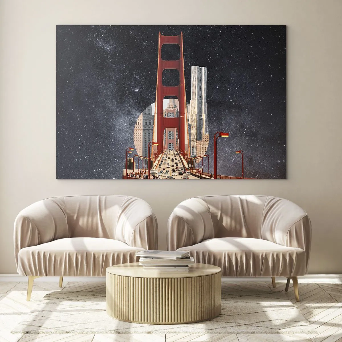 Glass picture - Bridge and skyscrapers in a surreal galaxy background - 70x50cm - Always in the Centre - Modern wall decoration for the living room and bedroom ARTTOR