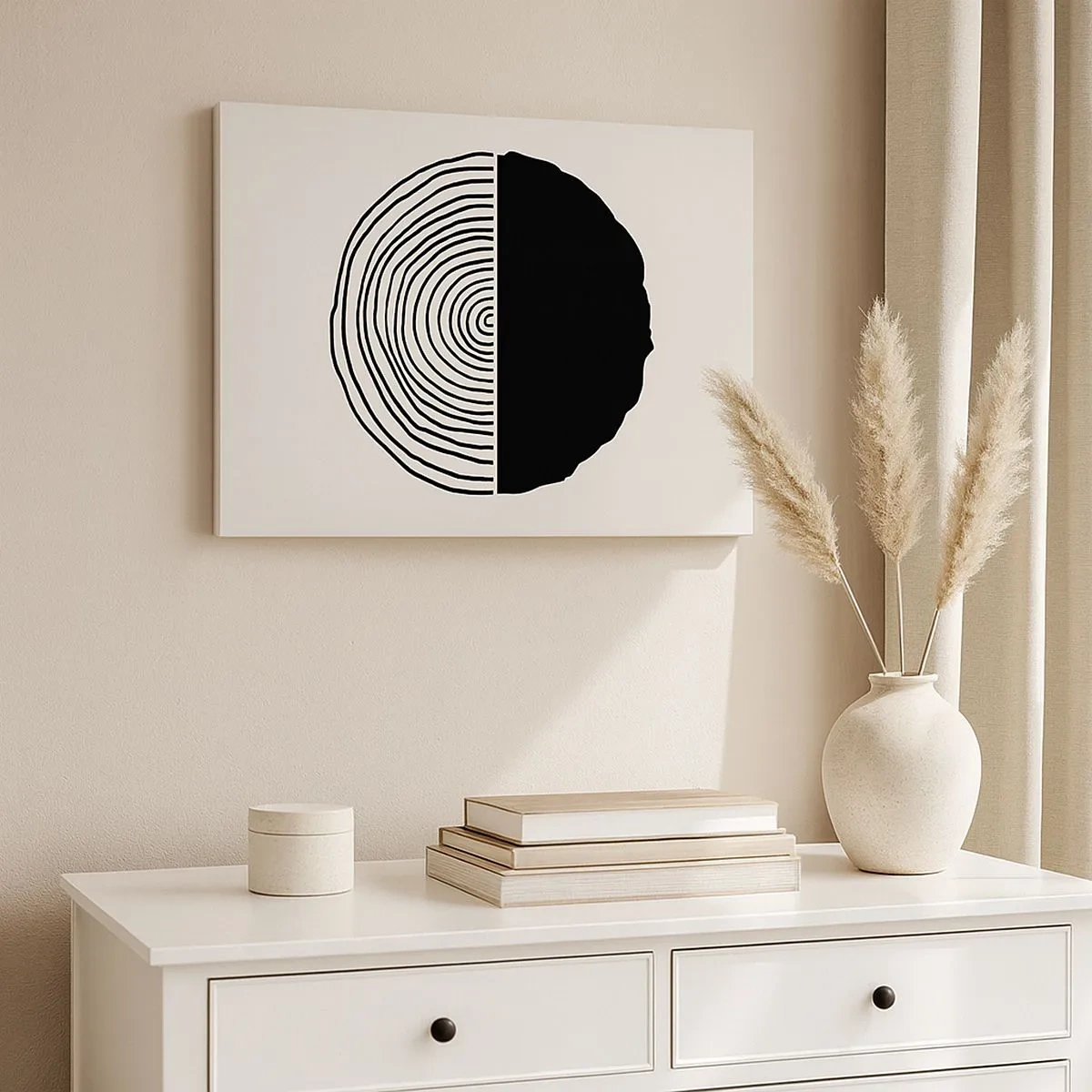 Canvas picture - An abstract black and white motif inspired by a cross-section of wood with a geometric division. - 70x50cm - Half-half - Modern wall decoration for the living room and bedroom ARTTOR