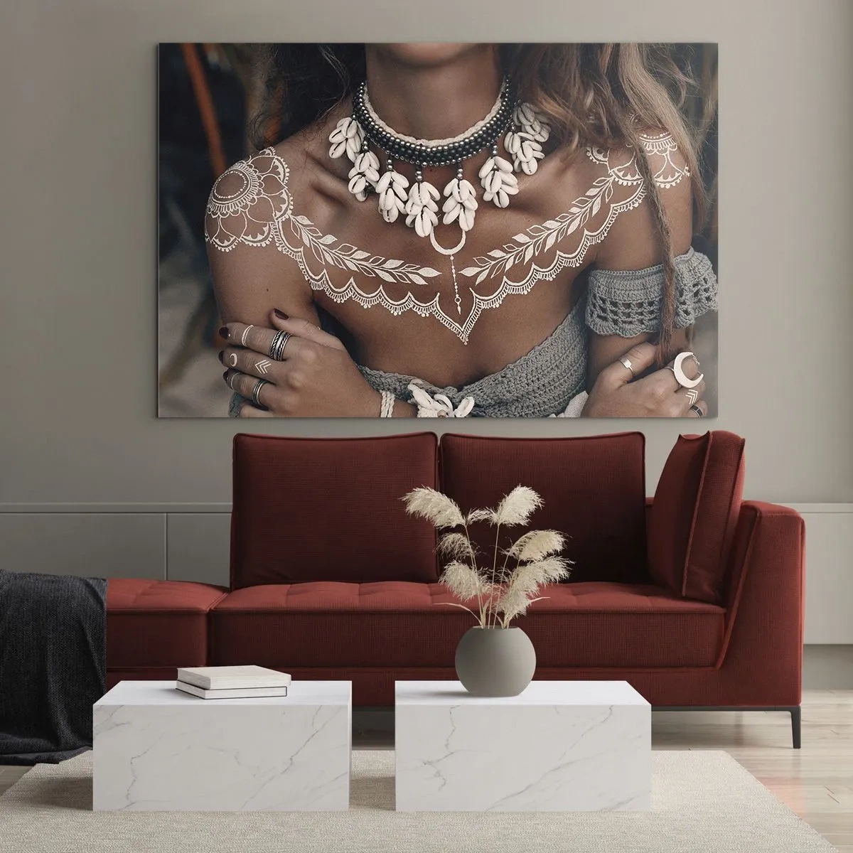 Glass picture - Close-up of a woman wearing a shell necklace and a white tattoo - 70x50cm - Talismans, Rituals of Womanhood - Modern wall decoration for the living room and bedroom ARTTOR