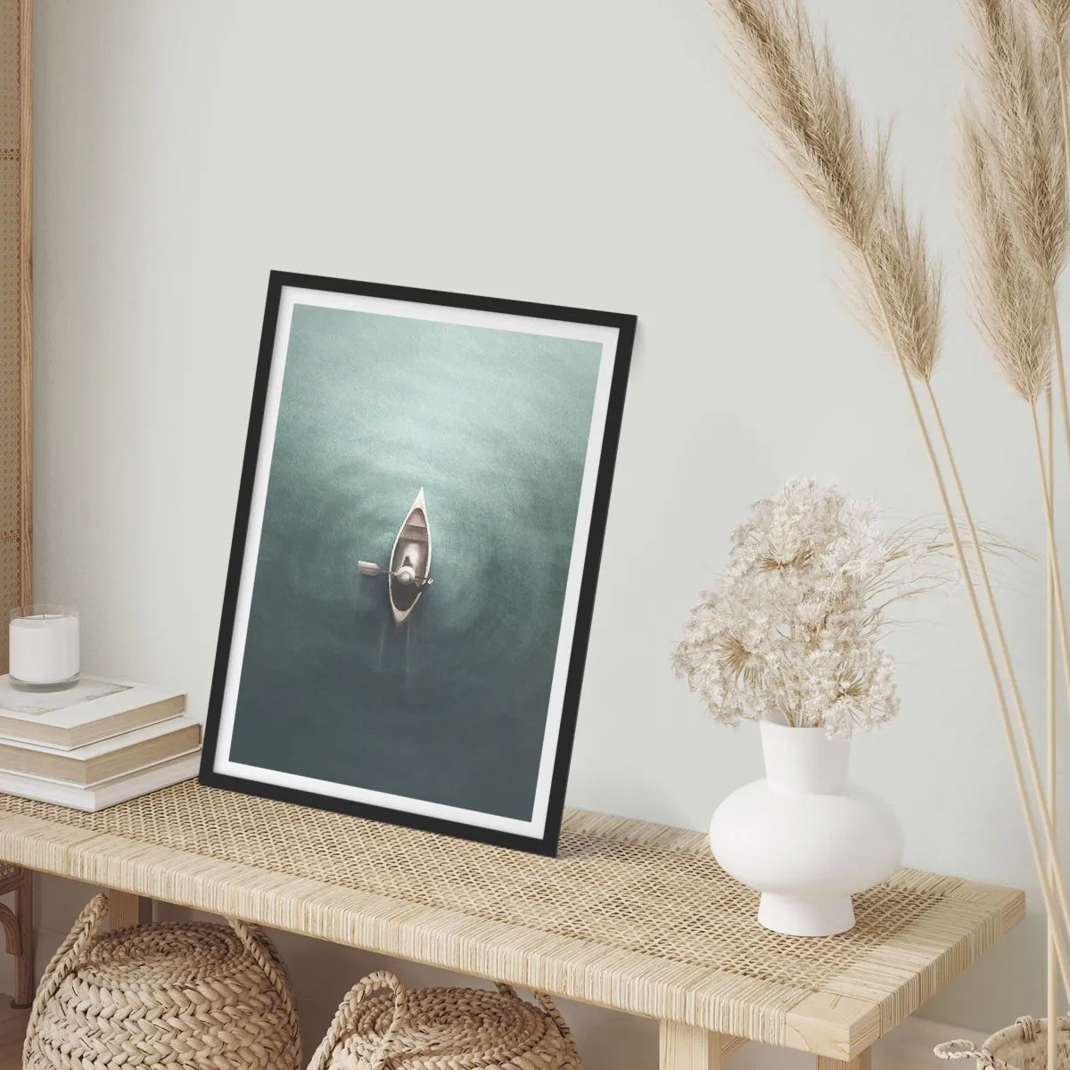 Poster in black frame - A bird's eye view of a boat drifting on calm water - 50x70cm - Through Moon Lake - Modern wall decoration for the living room and bedroom ARTTOR