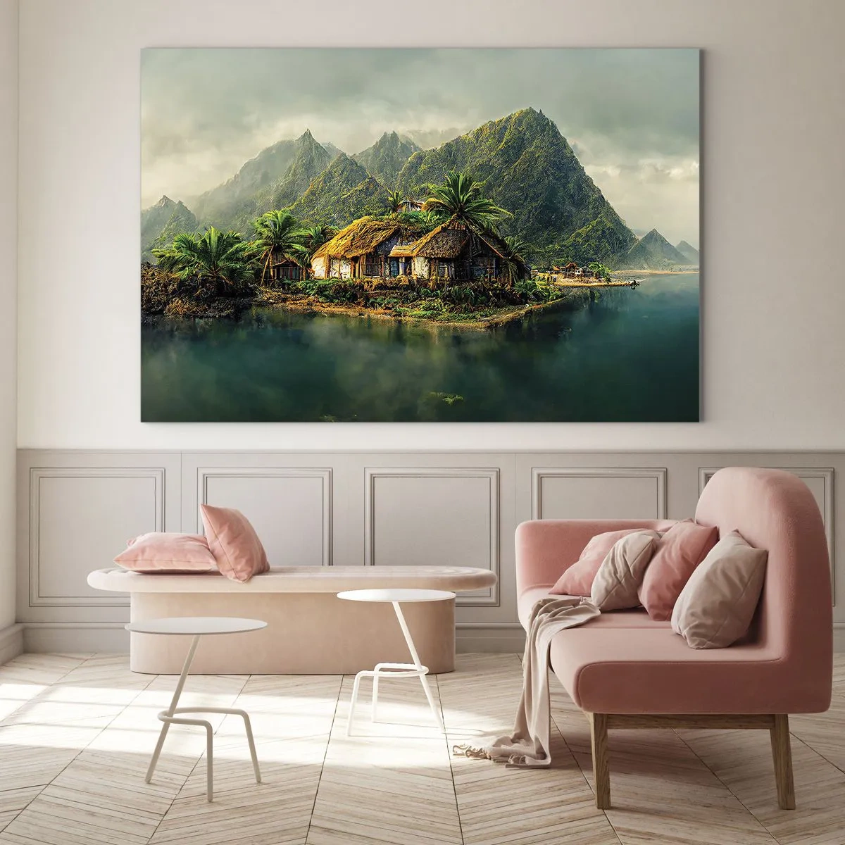 Glass picture - A tropical village by the water surrounded by mountains and palm trees - 70x50cm - Tropical Paradise - Modern wall decoration for the living room and bedroom ARTTOR