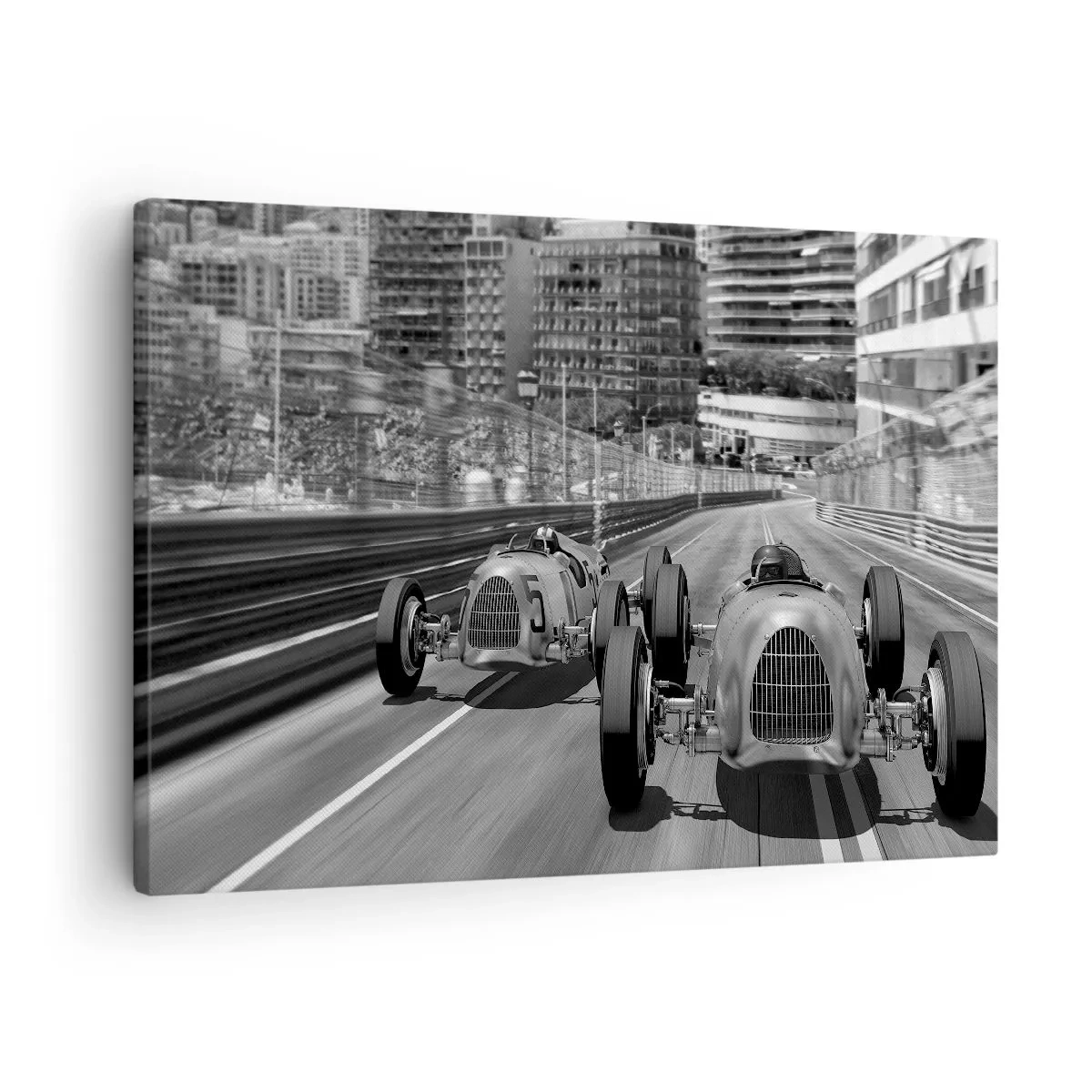 Canvas picture - Monochrome retro car race scene - 70x50cm - Long Time Ago in Monte Carlo - Modern wall decoration for the living room and bedroom ARTTOR