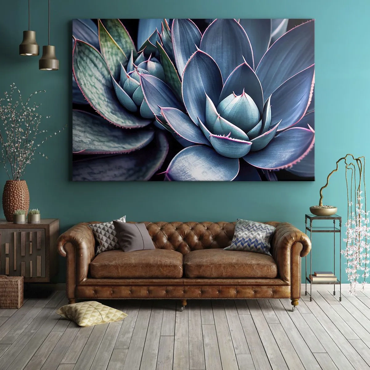 Canvas picture - Agave in shades of blue and green with pink accents - 70x50cm - Vital Strength - Modern wall decoration for the living room and bedroom ARTTOR