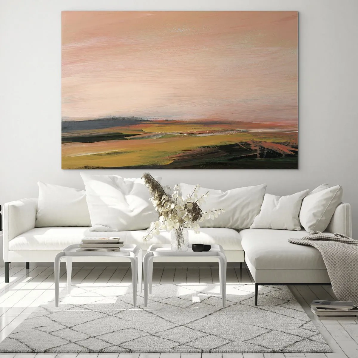 Glass picture - An abstract landscape in shades of pink and off-green. - 70x50cm - In Pink Tones - Modern wall decoration for the living room and bedroom ARTTOR