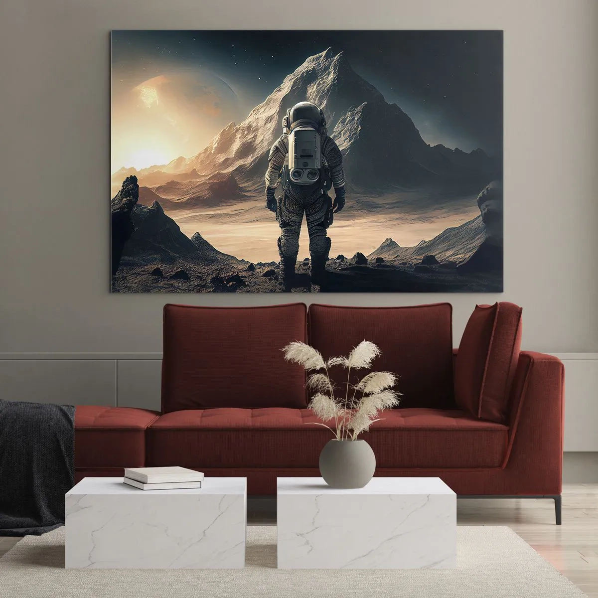 Glass picture - Astronaut on an alien planet with a mountainous landscape - 70x50cm - New Challenge - Modern wall decoration for the living room and bedroom ARTTOR