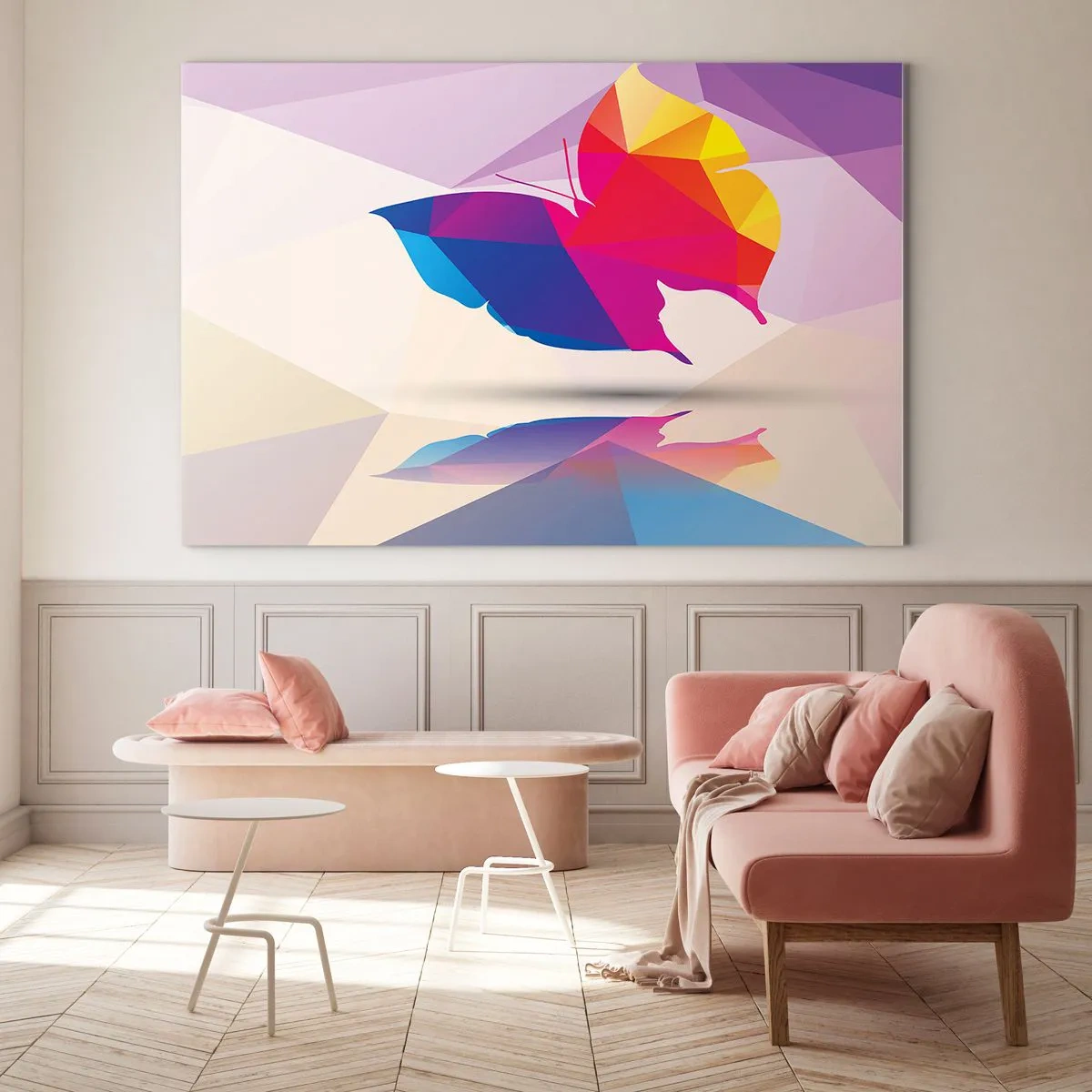 Glass picture - Geometric butterfly in bright colorful abstraction - 70x50cm - Butterfly Raainbow - Modern wall decoration for the living room and bedroom ARTTOR
