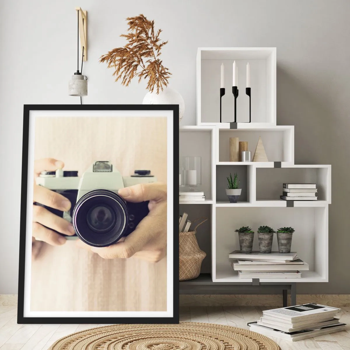 Poster in black frame - Hands holding a classic camera - 50x70cm - To Know More… - Modern wall decoration for the living room and bedroom ARTTOR