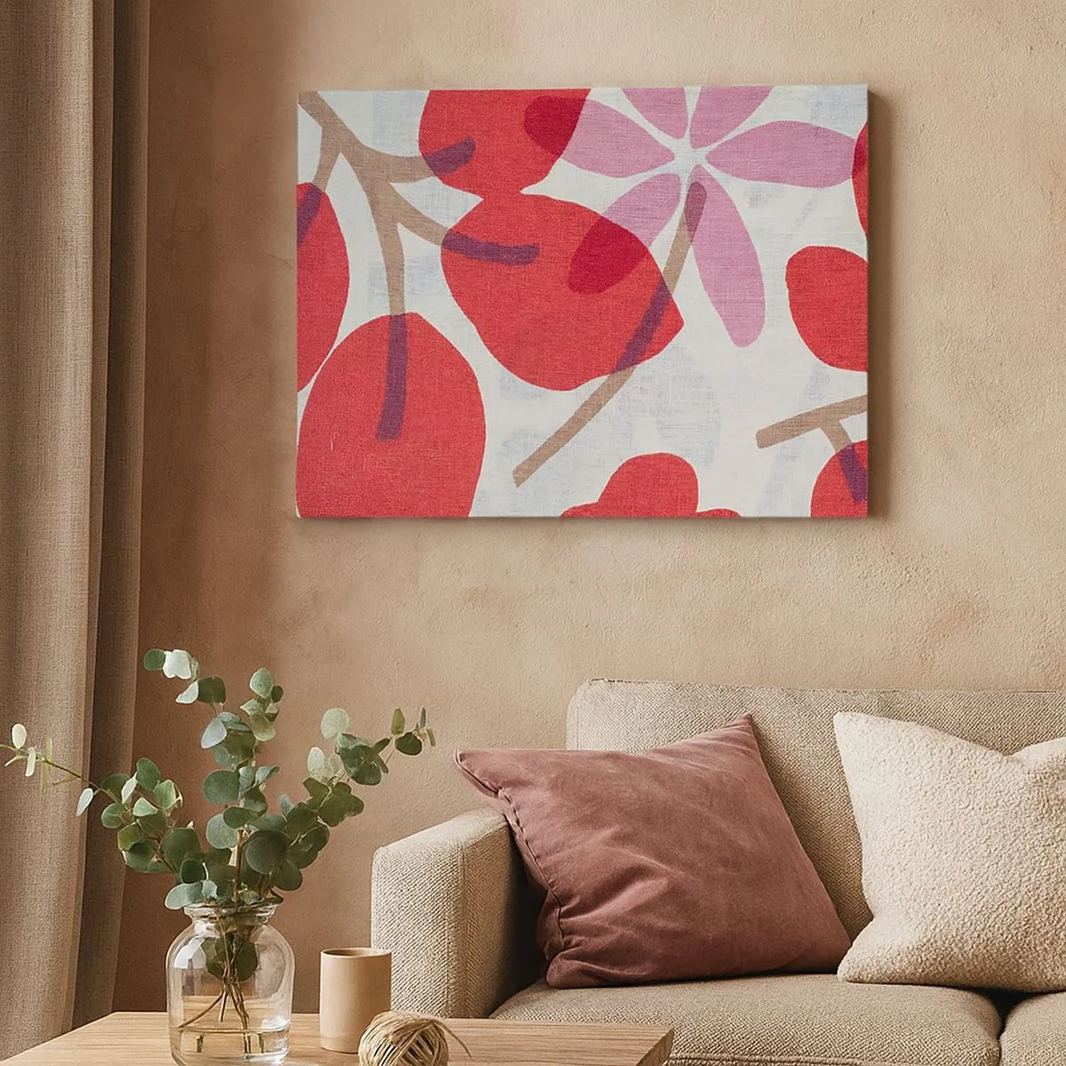 Canvas picture - Flowers and leaves in shades of red and pink - 70x50cm - Flower Composition in Pink - Modern wall decoration for the living room and bedroom ARTTOR