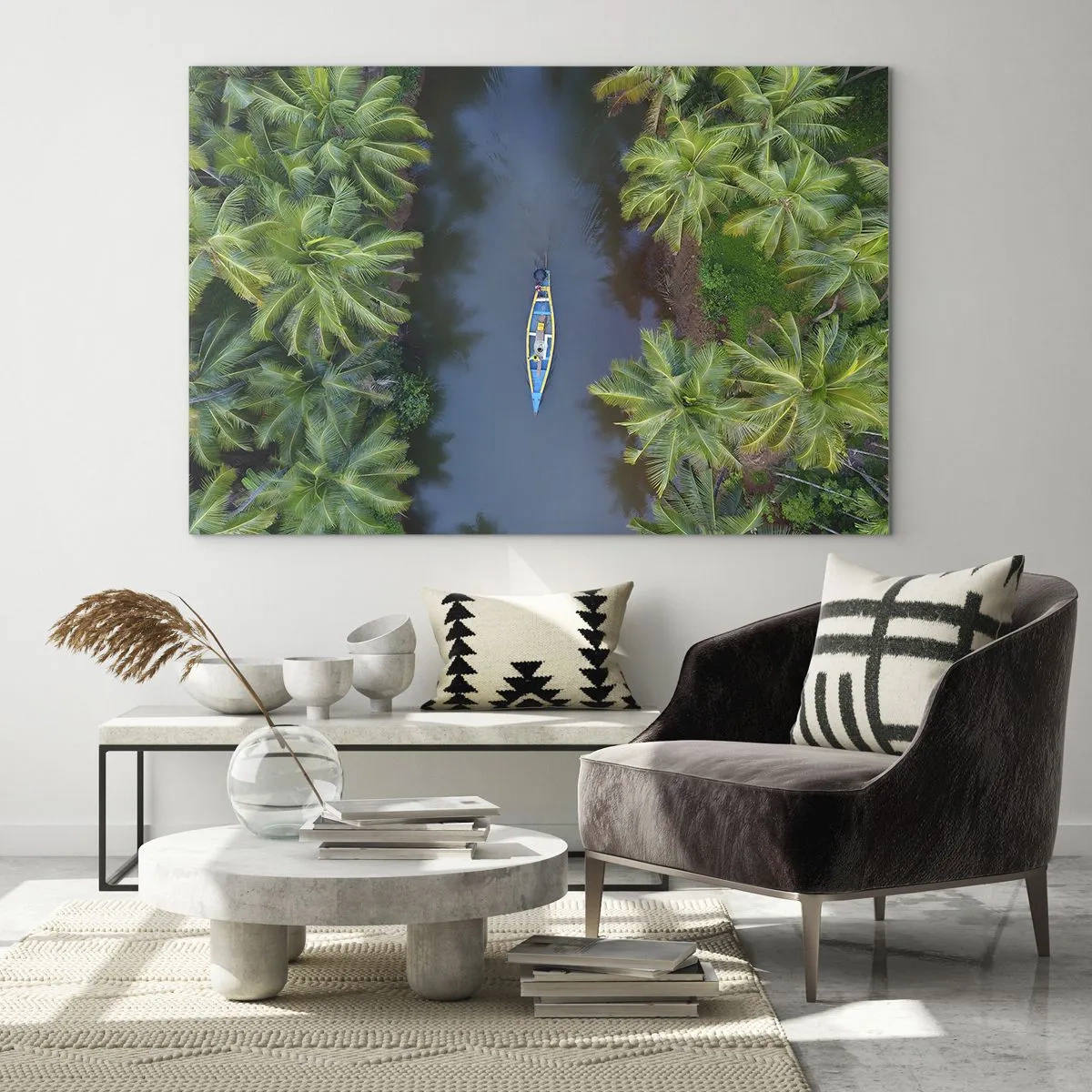 Glass picture - A bird's eye view of a boat sailing through a canal among tropical palm trees - 70x50cm - On Tropical Trail - Modern wall decoration for the living room and bedroom ARTTOR