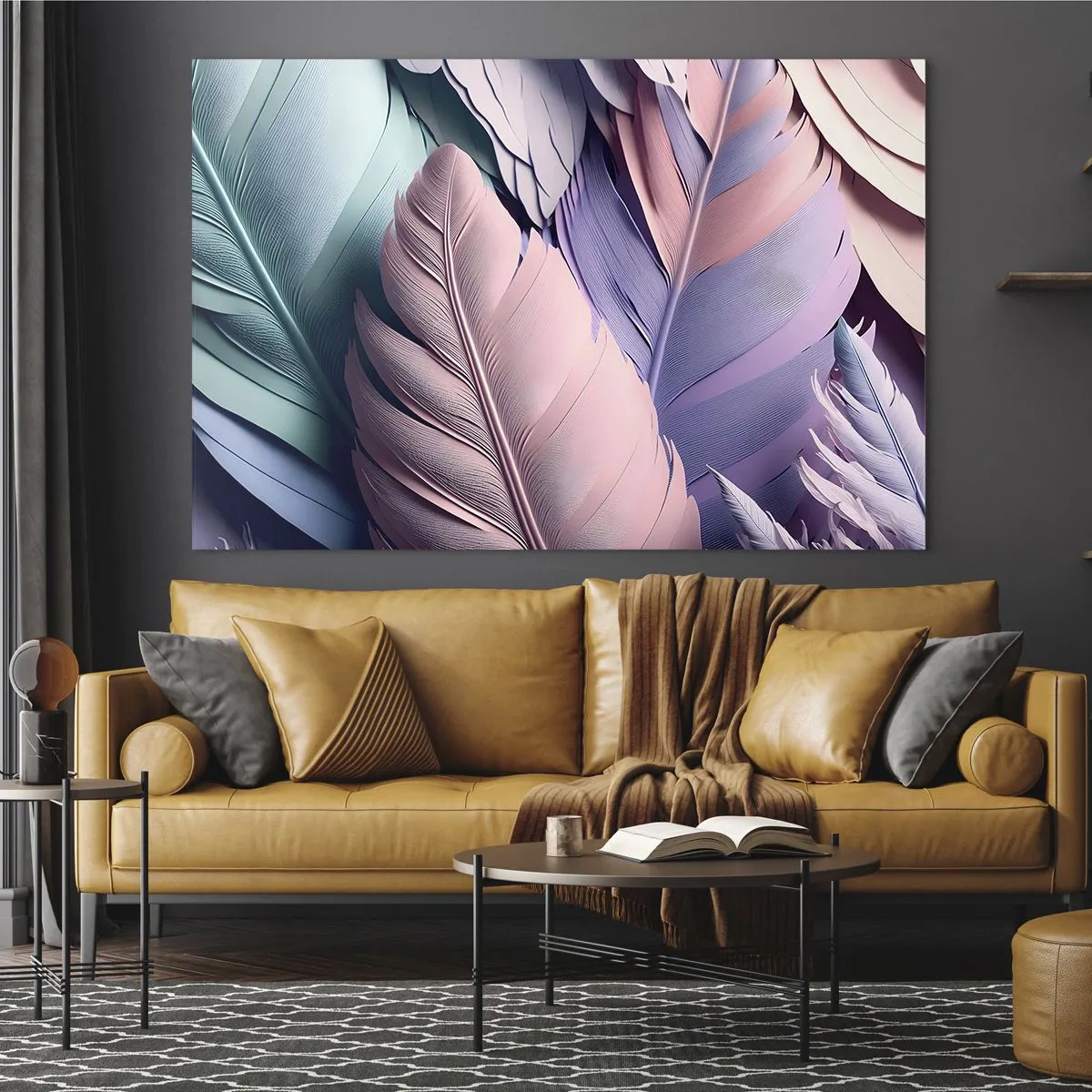 Glass picture - Pastel feathers in shades of pink, purple, and turquoise - 70x50cm - Birdie Chic - Modern wall decoration for the living room and bedroom ARTTOR