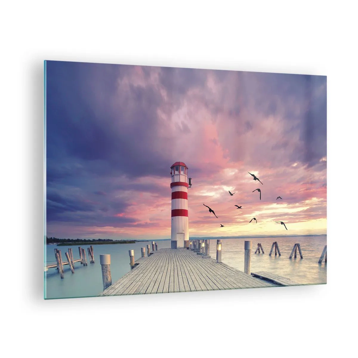 Glass picture - Lighthouse on the pier at sunset with birds flying - 70x50cm - Time for Port - Modern wall decoration for the living room and bedroom ARTTOR