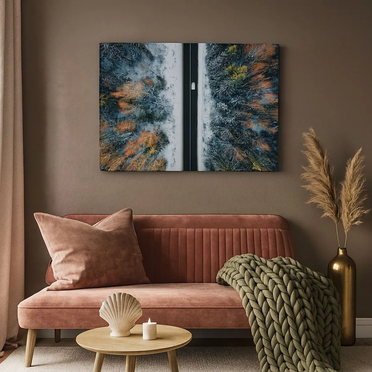 Canvas picture - A road through a winter forest seen from a bird's eye view - 70x50cm - Through a Wintery Forest - Modern wall decoration for the living room and bedroom ARTTOR