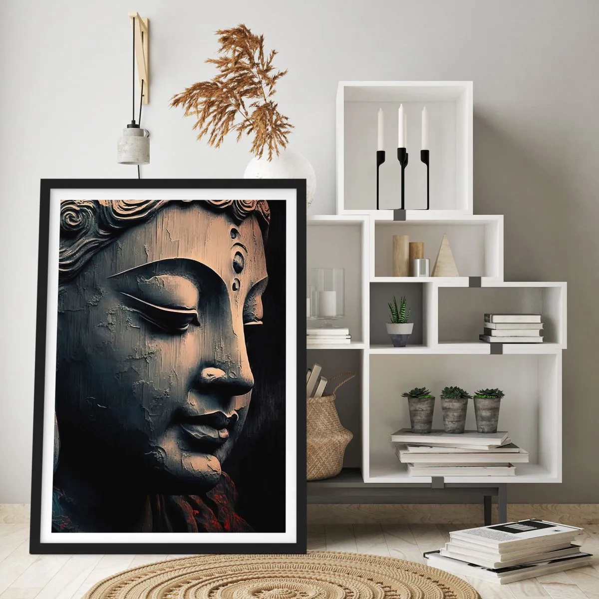 Poster in black frame - Close-up of a Buddha sculpture in warm light - 50x70cm - In Harmony with the World - Modern wall decoration for the living room and bedroom ARTTOR