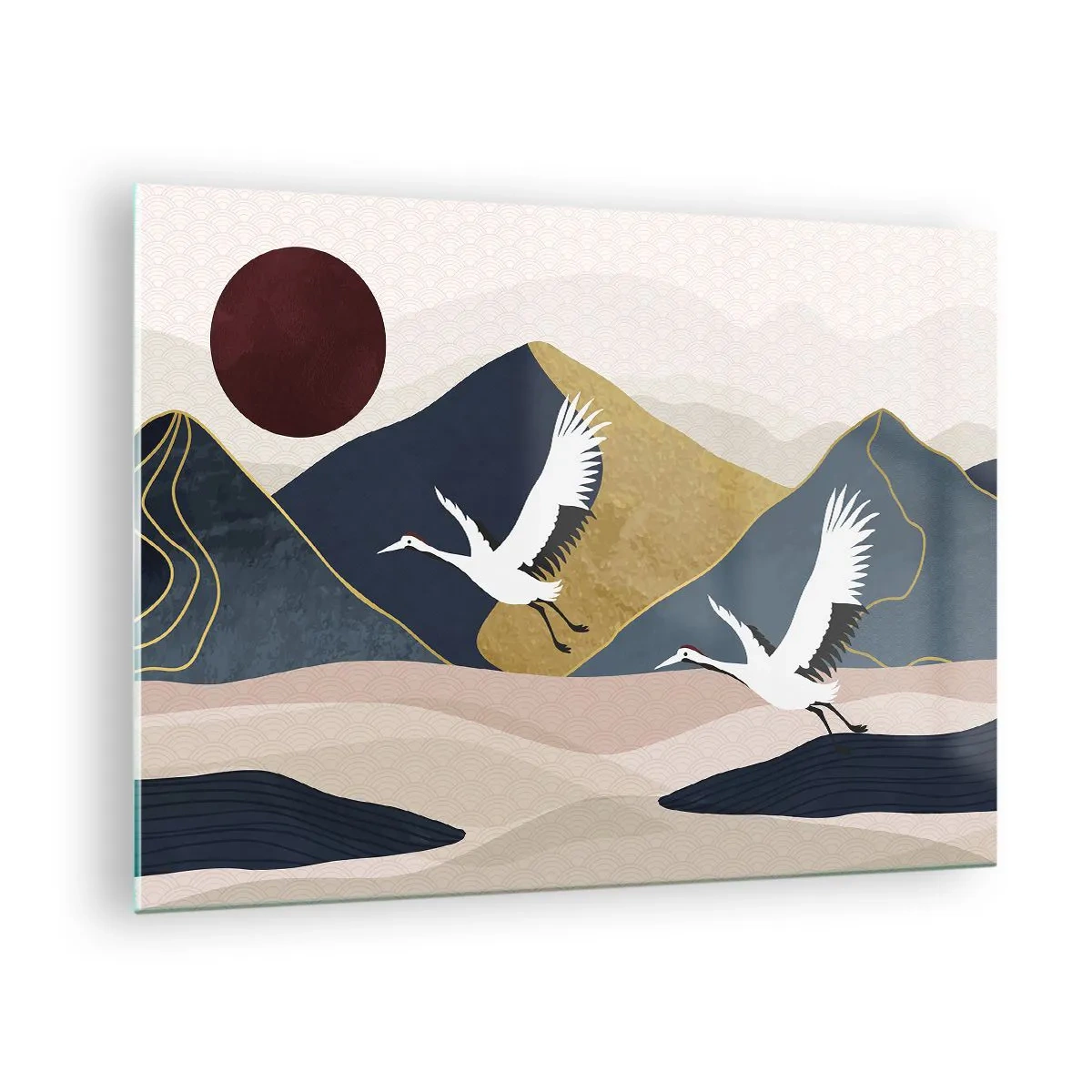 Glass picture - Two cranes flying over a rolling landscape with a red sun. - 70x50cm - Another Day Has Flown By - Modern wall decoration for the living room and bedroom ARTTOR