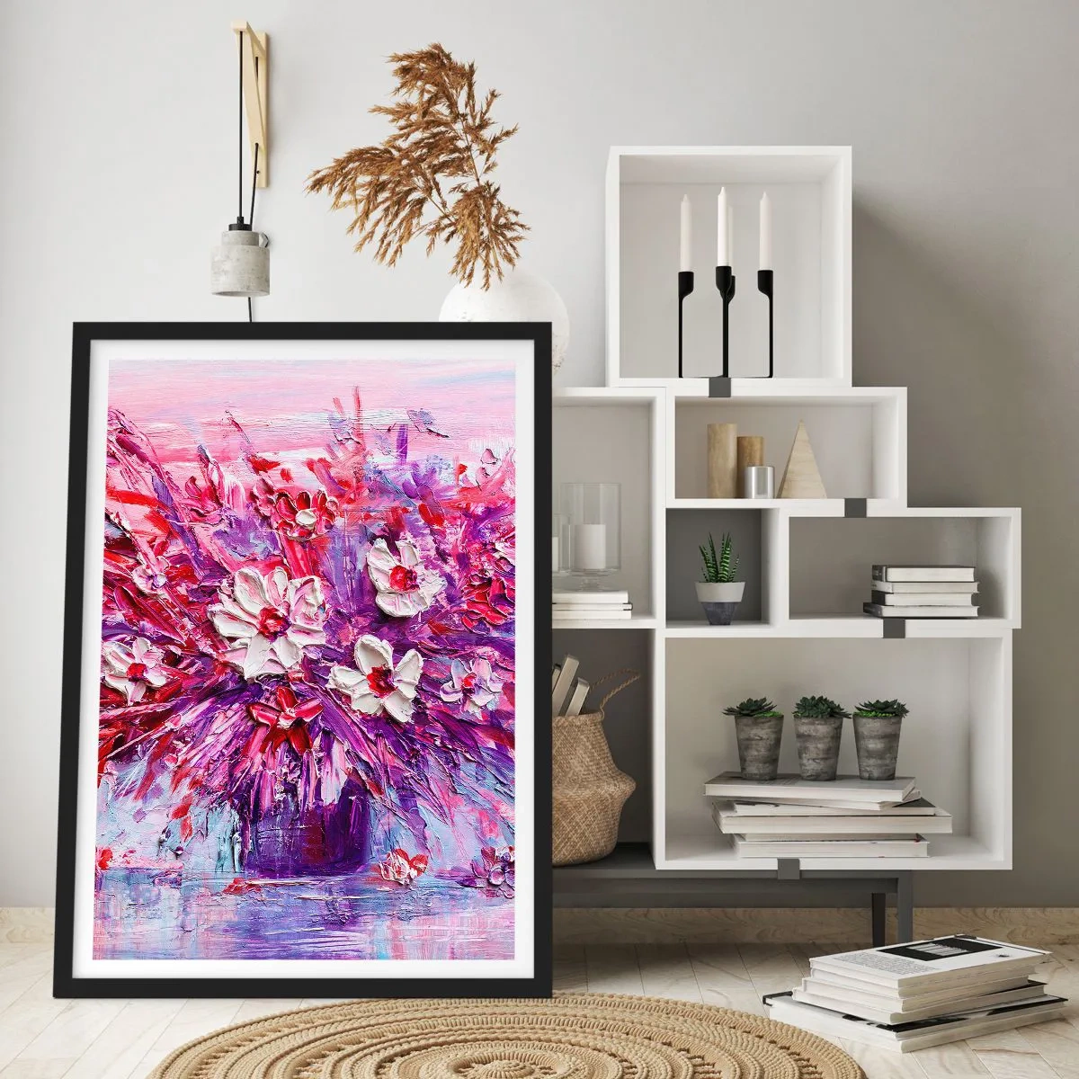 Poster in black frame - A bouquet of flowers in shades of pink, purple and white - 50x70cm - Innocence and Passion - Modern wall decoration for the living room and bedroom ARTTOR
