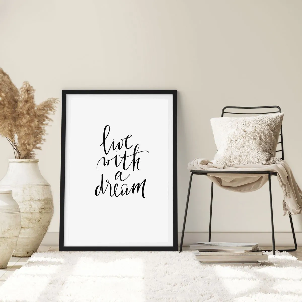 Poster in black frame - Minimalist inscription "Live with a Dream" on a white background - 50x70cm - Of Course - Modern wall decoration for the living room and bedroom ARTTOR