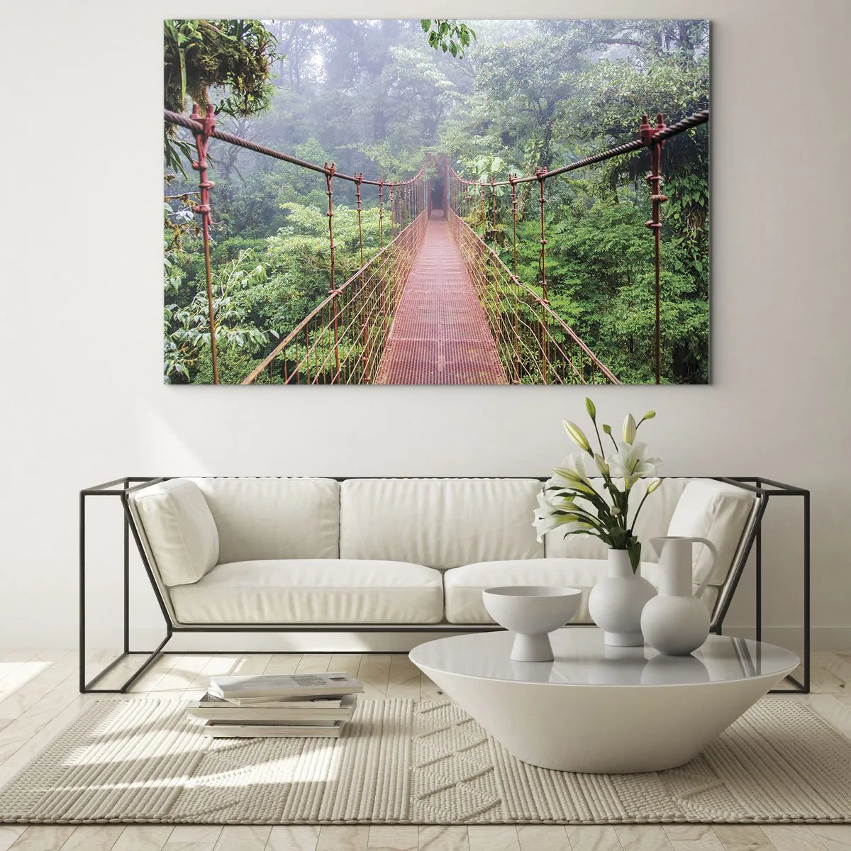 Glass picture - A red suspension bridge over a green jungle in the fog - 70x50cm - Suspended above Crowns - Modern wall decoration for the living room and bedroom ARTTOR