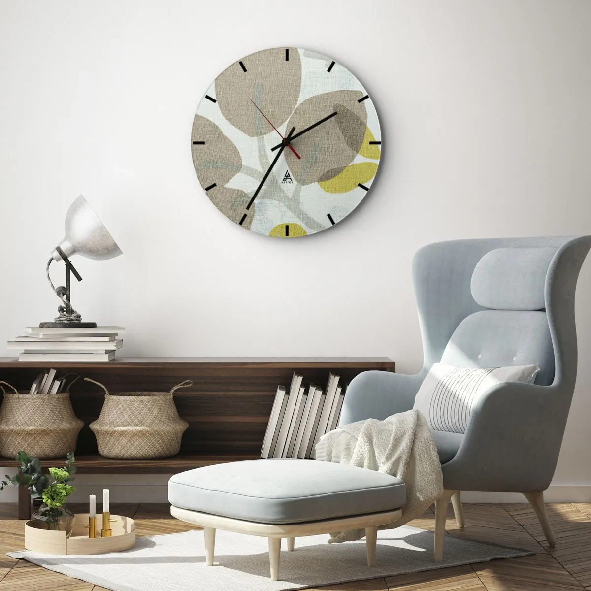 Wall clock - Clock on glass - Pastel leaves and yellow accents on a linen textured background - 30x30cm - Composition in Full Sunlight - Modern wall decoration for the living room, kitchen, and bedroom ARTTOR