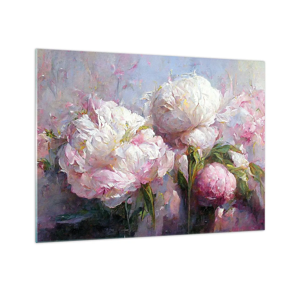 Glass picture - Oil painting of blooming white and pink peonies - 70x50cm - Bouquet Bubbling with Life - Modern wall decoration for the living room and bedroom ARTTOR