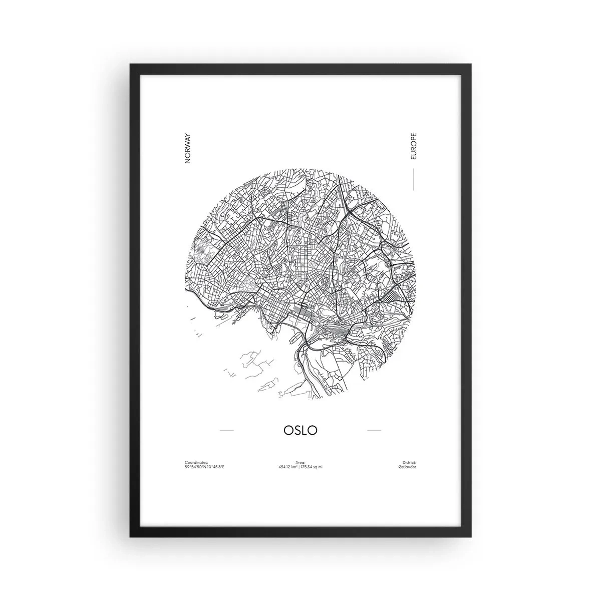 Poster in black frame - A minimalist black and white map of Oslo - 50x70cm - Anatomy of Oslo - Modern wall decoration for the living room and bedroom ARTTOR