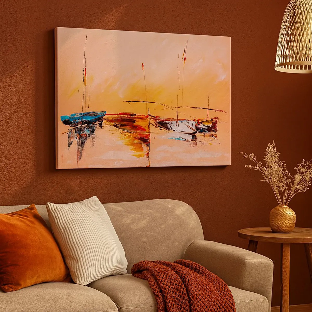 Canvas picture - Colorful boats on calm water at sunset - 70x50cm - Evening at the Harbour - Modern wall decoration for the living room and bedroom ARTTOR