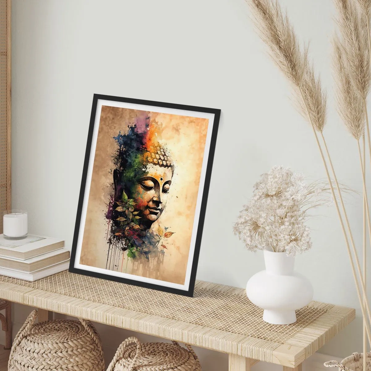 Poster in black frame - A colorful portrait of Buddha in an artistic watercolor style. - 50x70cm - Namaste! - Modern wall decoration for the living room and bedroom ARTTOR