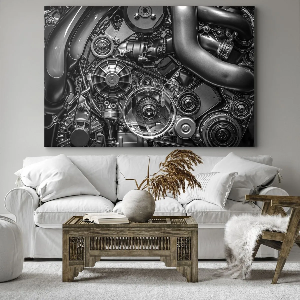 Canvas picture - Black and white close-up of the mechanical details of a car engine. - 70x50cm - Poetry of Mechanics - Modern wall decoration for the living room and bedroom ARTTOR