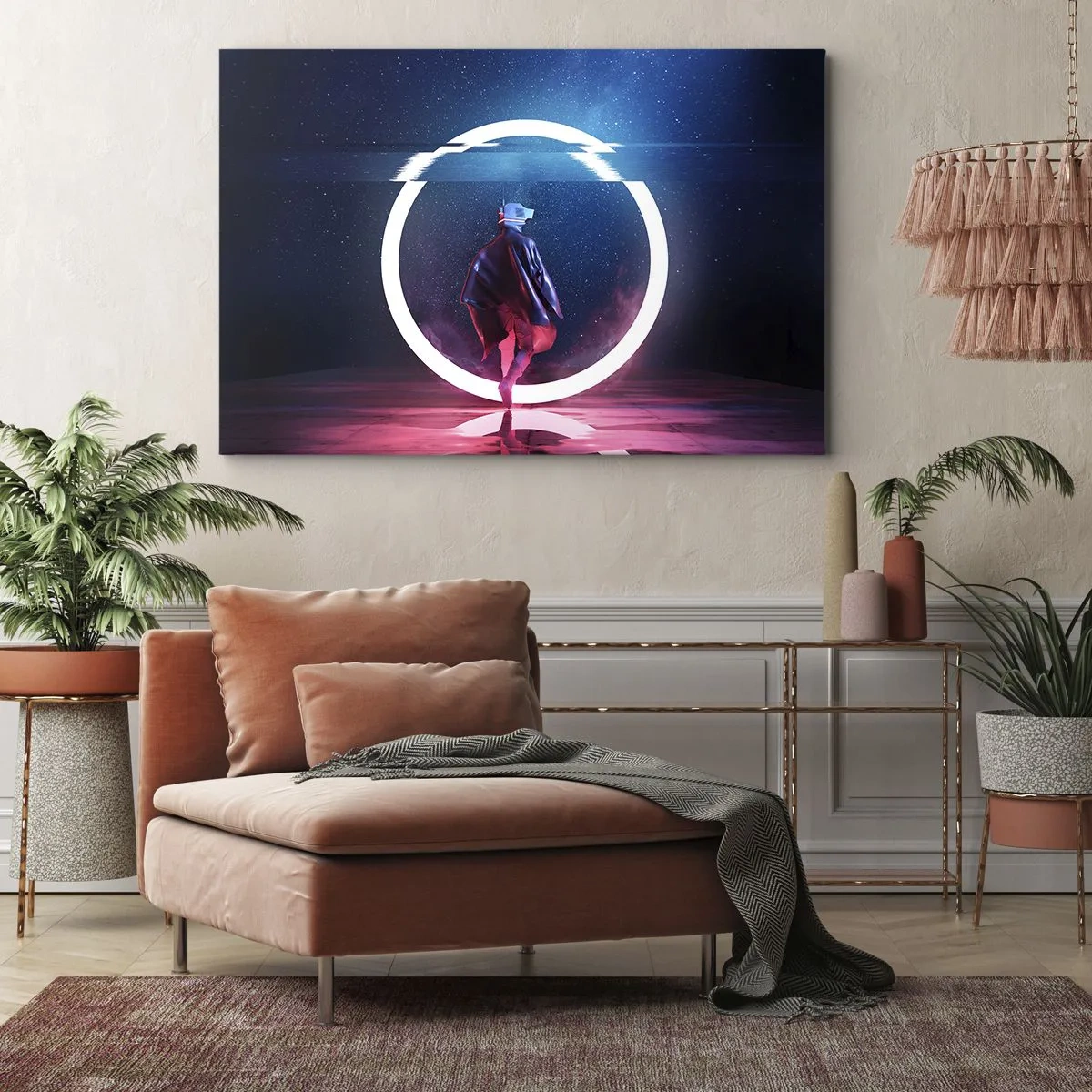 Canvas picture - A character in a futuristic environment with a neon circle - 70x50cm - Between Worlds - Modern wall decoration for the living room and bedroom ARTTOR