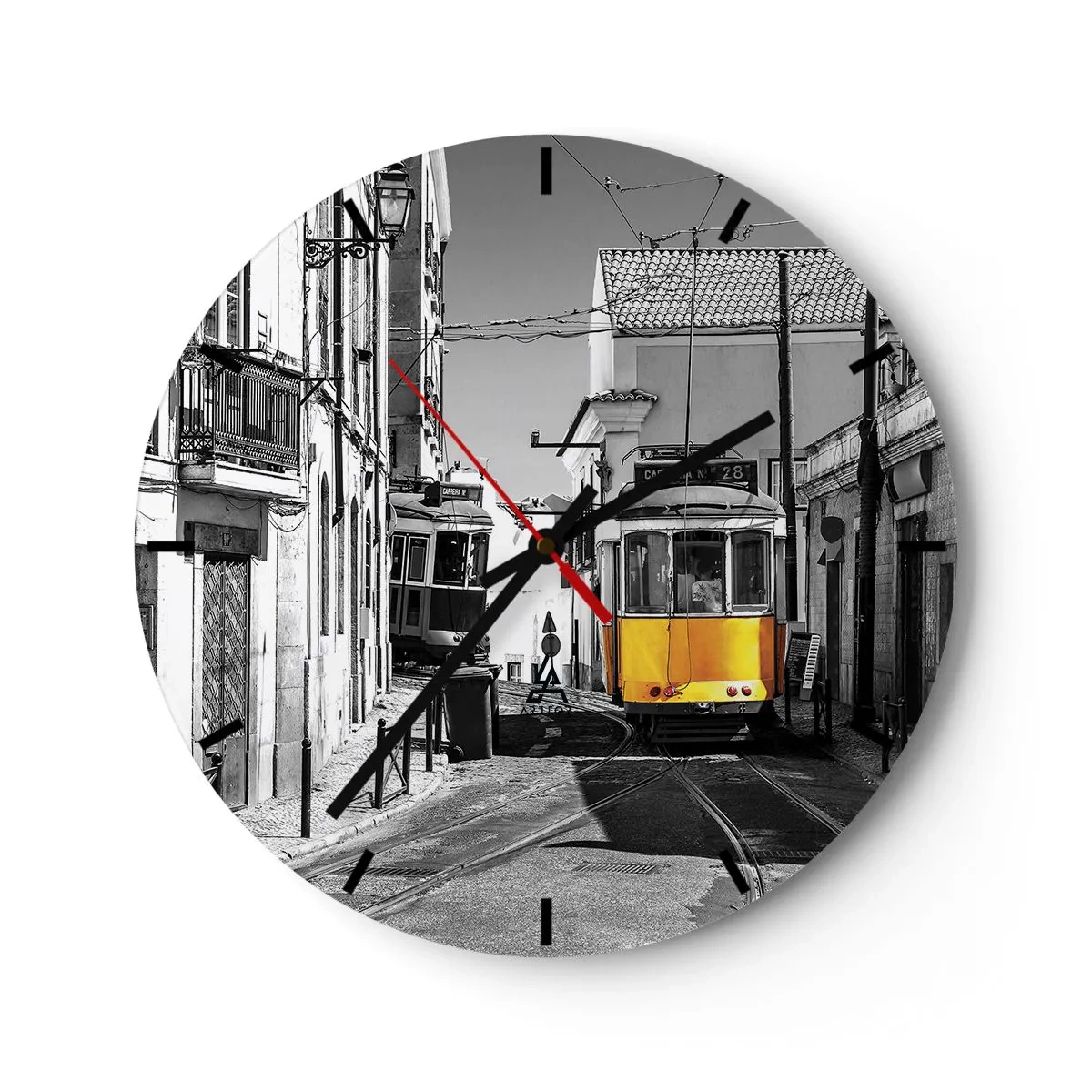Wall clock - Clock on glass - A yellow tram on a black and white street in Lisbon - 30x30cm - Spirit of Lisbon - Modern wall decoration for the living room, kitchen, and bedroom ARTTOR