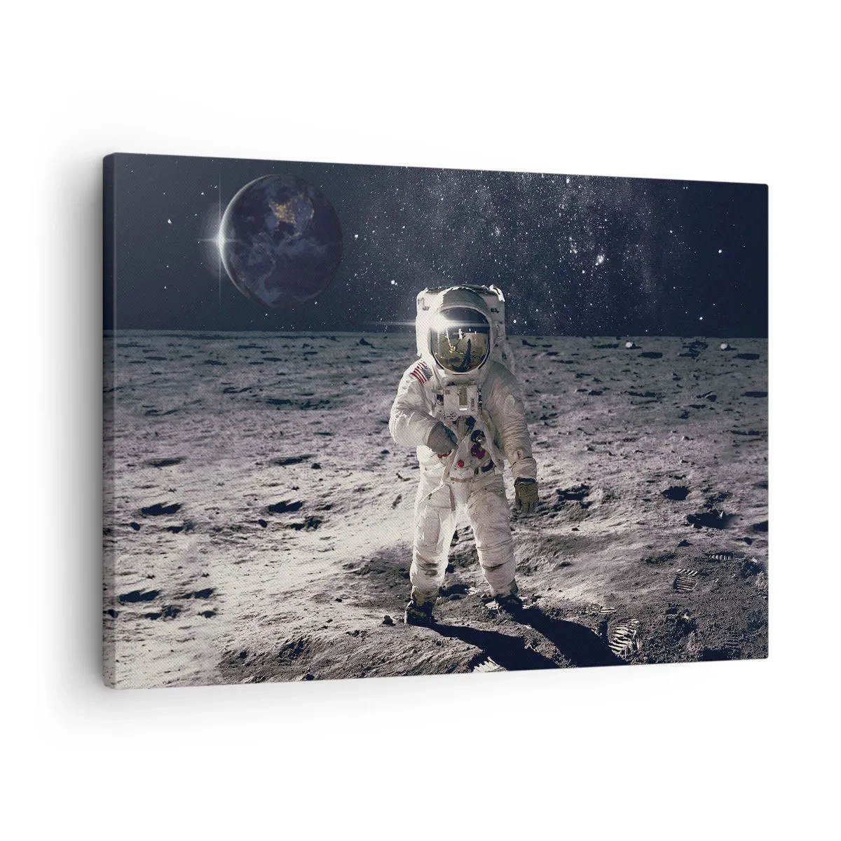 Canvas picture - Astronaut on the surface of the Moon with Earth in the background - 70x50cm - Greetings from the Moon - Modern wall decoration for the living room and bedroom ARTTOR