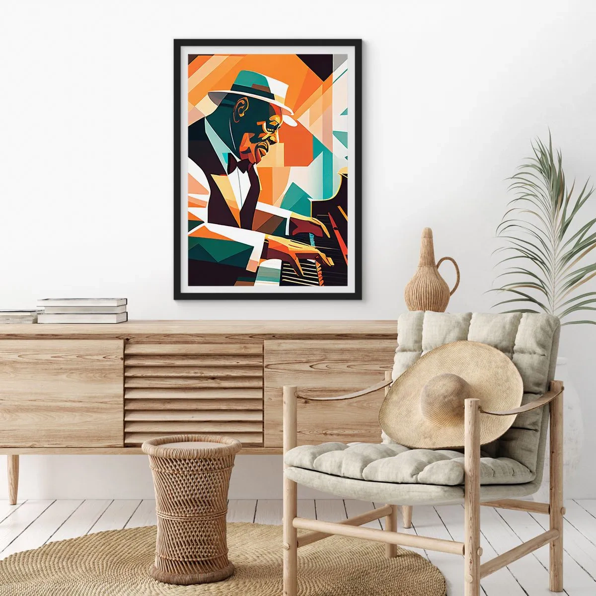 Poster in black frame - Abstract portrait of a pianist in the cubist style - 50x70cm - All that Jazz - Modern wall decoration for the living room and bedroom ARTTOR