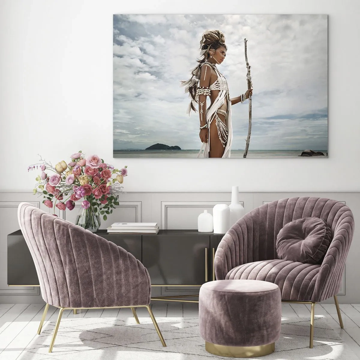 Glass picture - An exotic figure against the beach and sky - 70x50cm - Queen of the Tropics - Modern wall decoration for the living room and bedroom ARTTOR