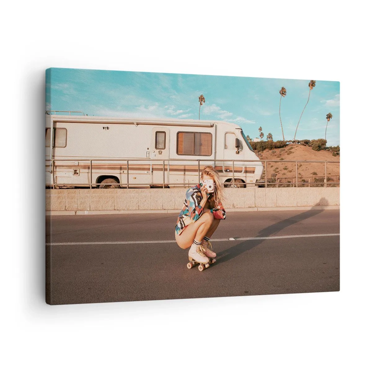 Canvas picture - A girl on roller skates taking a photo on a sunny day. - 70x50cm - Smile, Please! - Modern wall decoration for the living room and bedroom ARTTOR