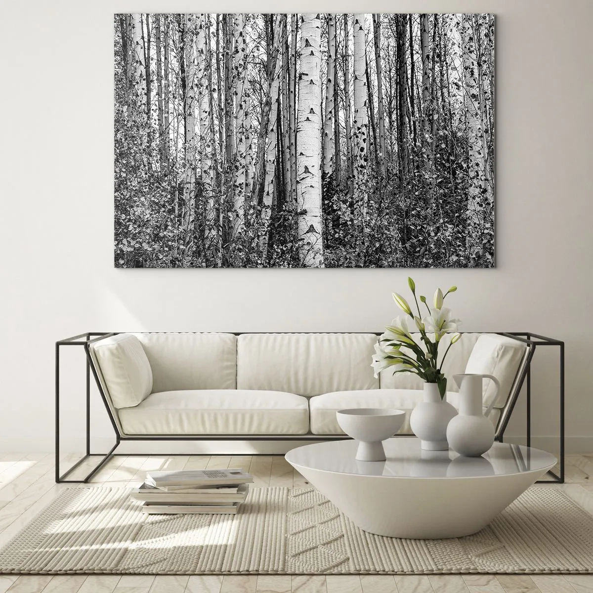 Glass picture - Black and white birch trees create a dense forest landscape - 70x50cm - Birch Colonnade - Modern wall decoration for the living room and bedroom ARTTOR
