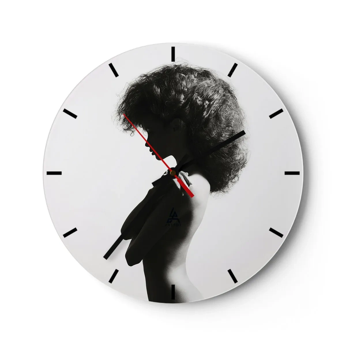 Wall clock - Clock on glass - Black and white portrait of a woman in half-profile with a dynamic hairstyle - 30x30cm - Like a Flower on a Thin Stem - Modern wall decoration for the living room, kitchen, and bedroom ARTTOR