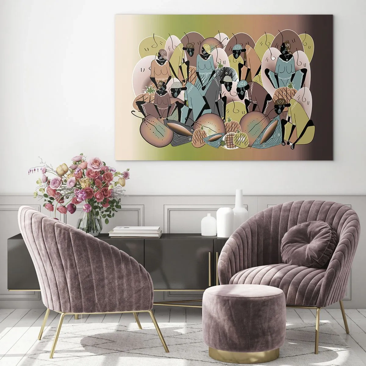 Glass picture - An abstract illustration of figures in shades of beige, green, and pink. - 70x50cm - Big Holiday Is Coming - Modern wall decoration for the living room and bedroom ARTTOR