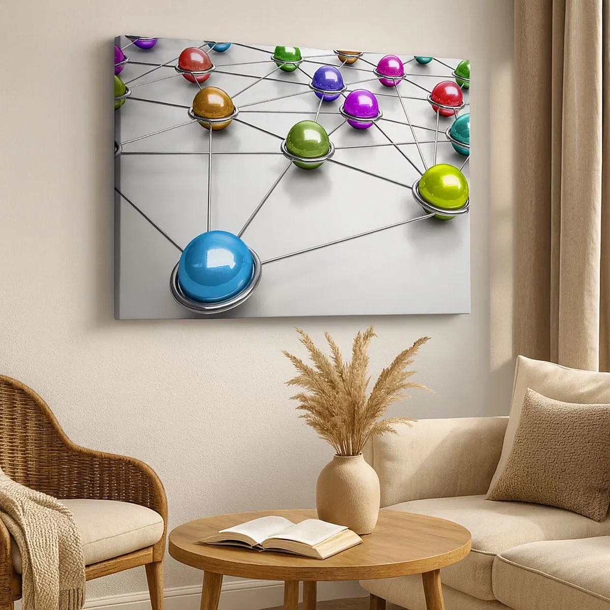 Canvas picture - Colorful balls connected by thin lines on a white background - 70x50cm - Space's Web - Modern wall decoration for the living room and bedroom ARTTOR