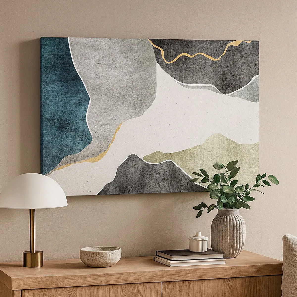 Canvas picture - Geometric forms in shades of gray, green and gold - 70x50cm - Mosaic Composition with a Gold Thread - Modern wall decoration for the living room and bedroom ARTTOR