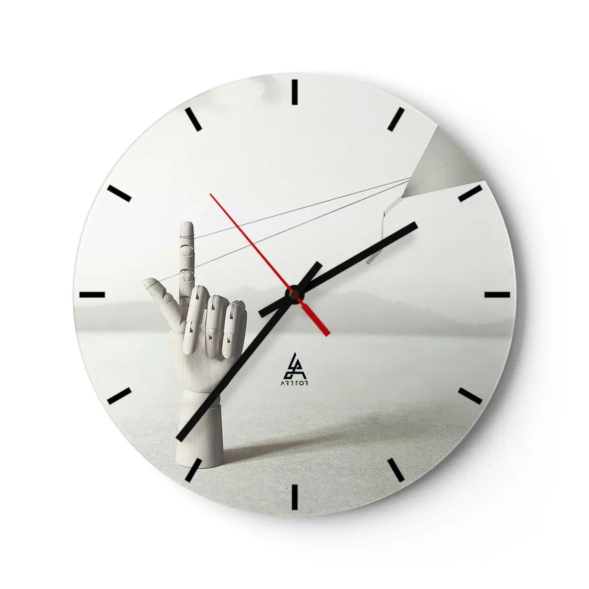 Wall clock - Clock on glass - A wooden hand stretching ropes in a surreal landscape. - 30x30cm - Test of Strengths - Modern wall decoration for the living room, kitchen, and bedroom ARTTOR