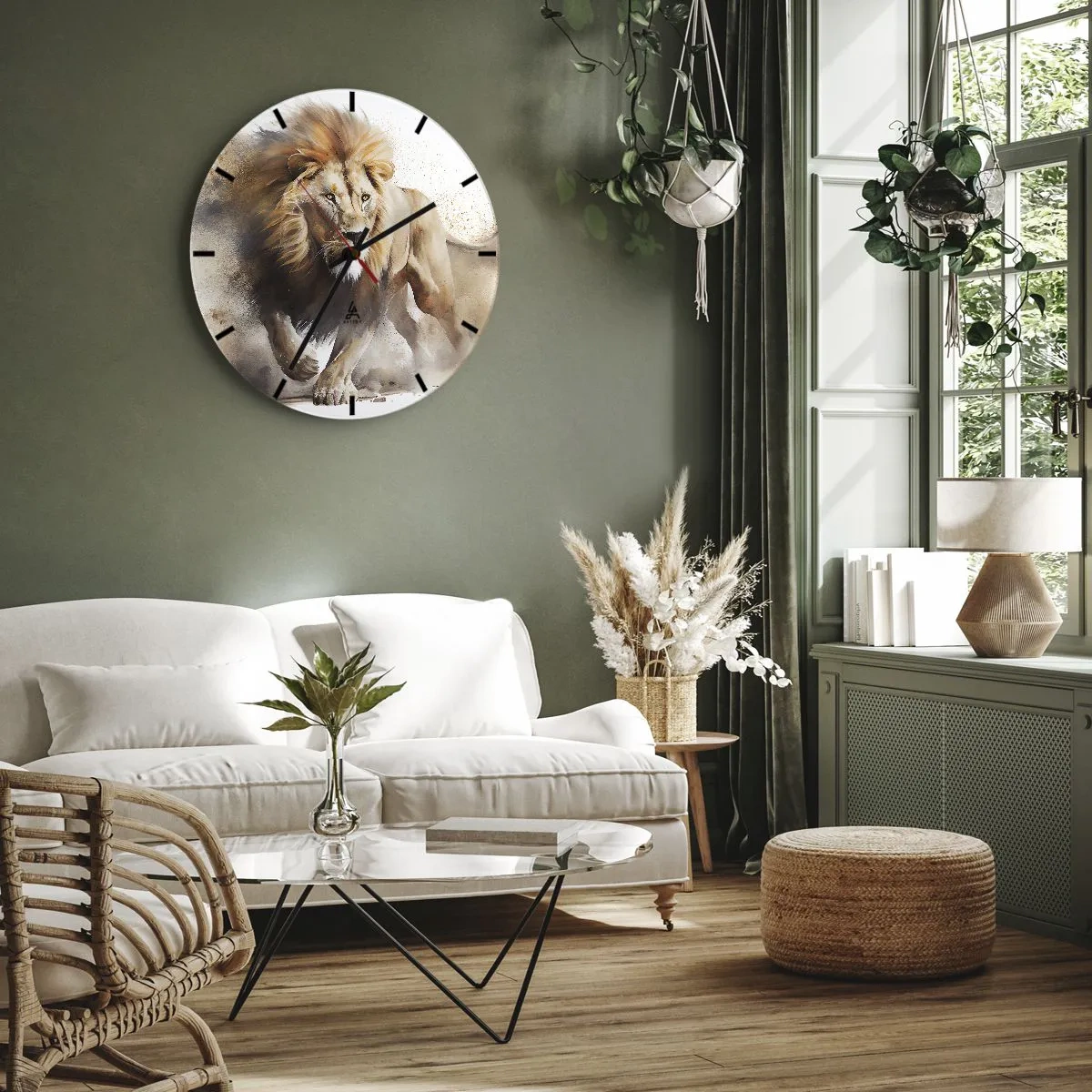 Wall clock - Clock on glass - Dynamic shot of a lion in motion against a white background with a dust effect. - 30x30cm - King is on the Move - Modern wall decoration for the living room, kitchen, and bedroom ARTTOR