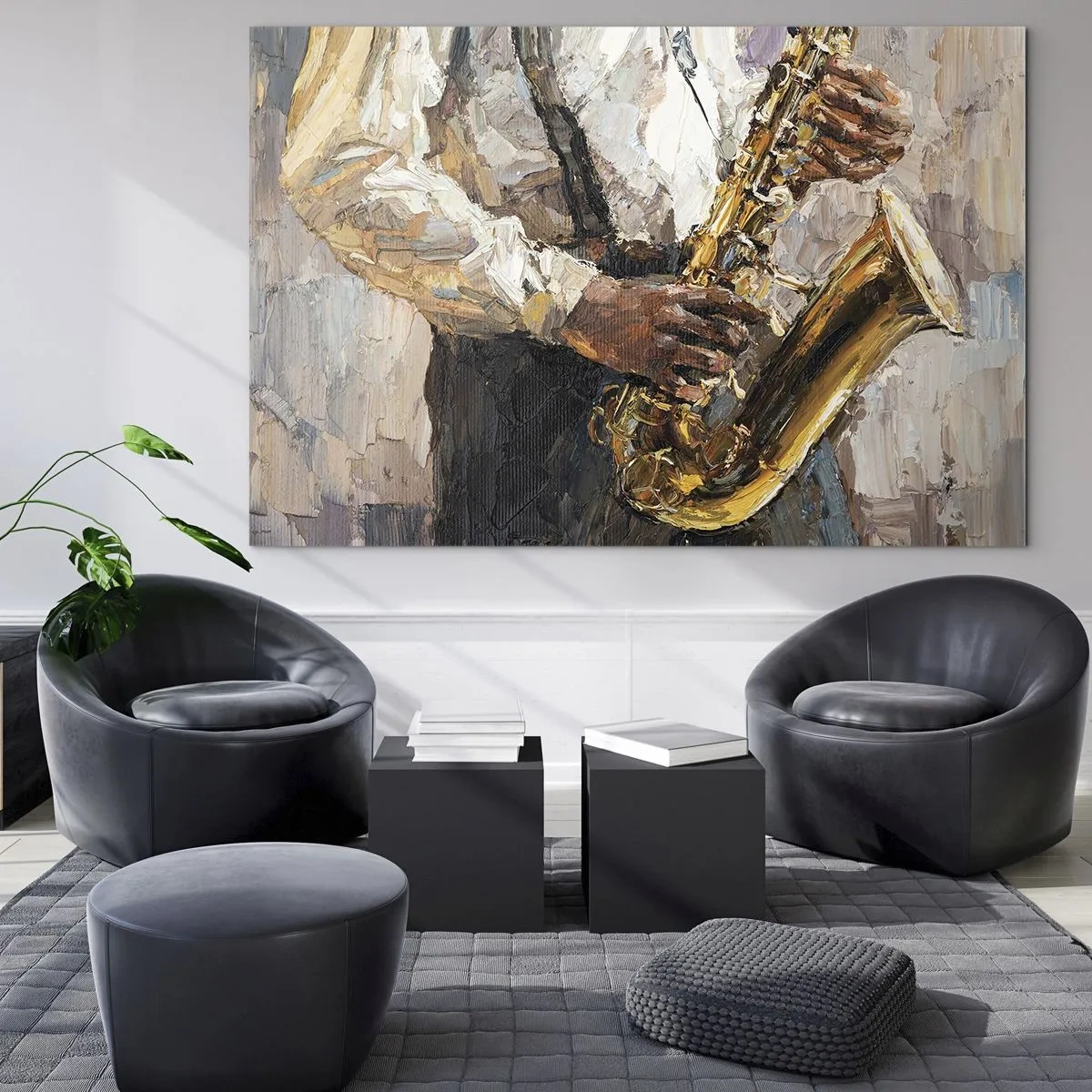 Glass picture - A musician playing the saxophone painted using the impasto technique - 70x50cm - Time for a Solo - Modern wall decoration for the living room and bedroom ARTTOR