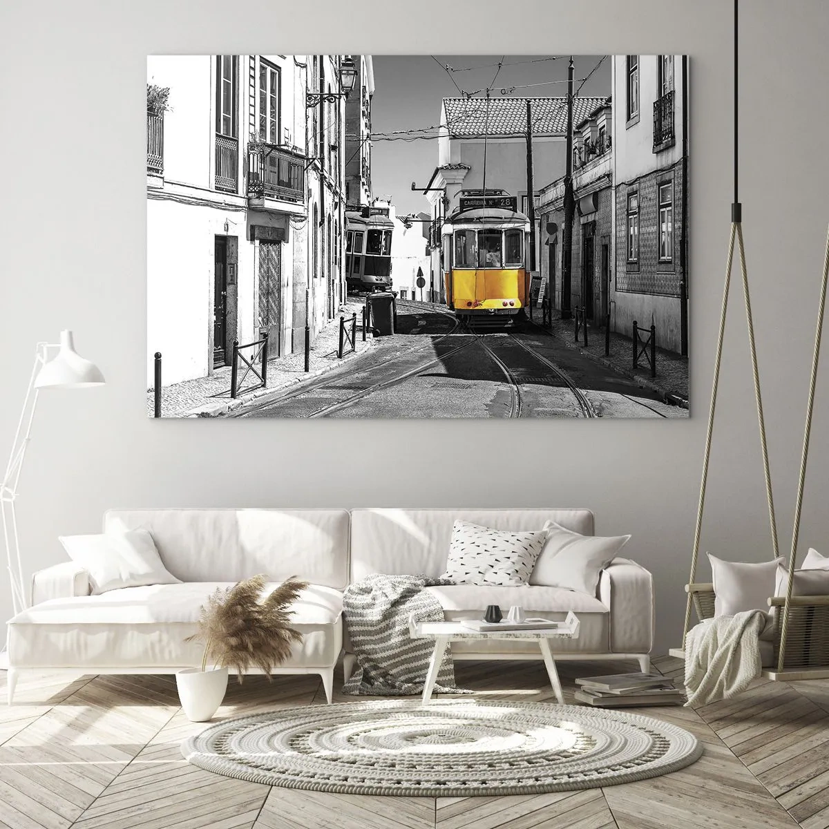 Glass picture - A yellow tram on a black and white street in a European city. - 70x50cm - Spirit of Lisbon - Modern wall decoration for the living room and bedroom ARTTOR
