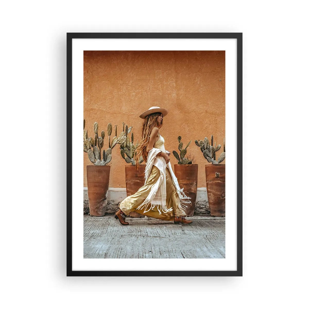 Poster in black frame - Stylish woman in a hat against a background of cacti - 50x70cm - Hippie Style - Modern wall decoration for the living room and bedroom ARTTOR
