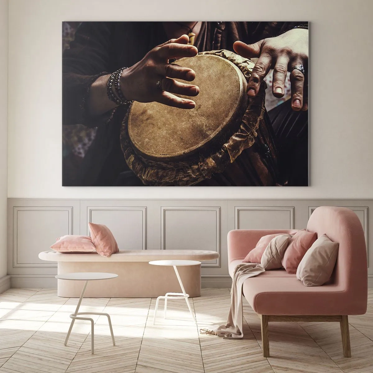 Glass picture - Close-up of hands playing a djembe drum in warm light. - 70x50cm - In the Rhythm of the Heart - Modern wall decoration for the living room and bedroom ARTTOR