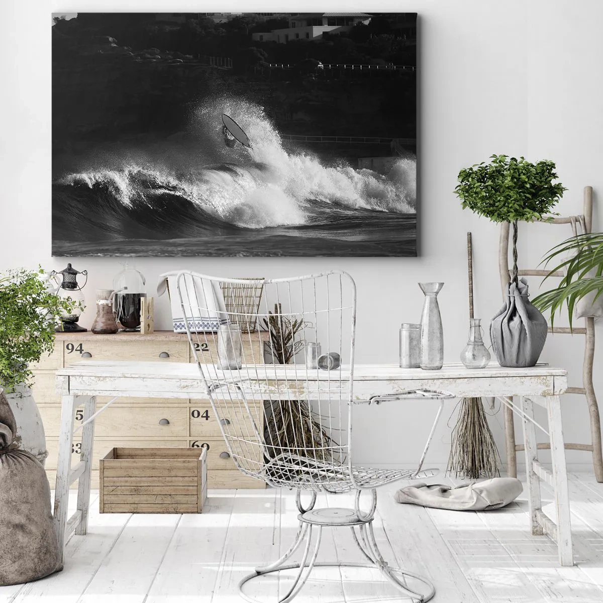 Canvas picture - A surfer riding a wave in monochrome - 70x50cm - Challenge Accepted! - Modern wall decoration for the living room and bedroom ARTTOR