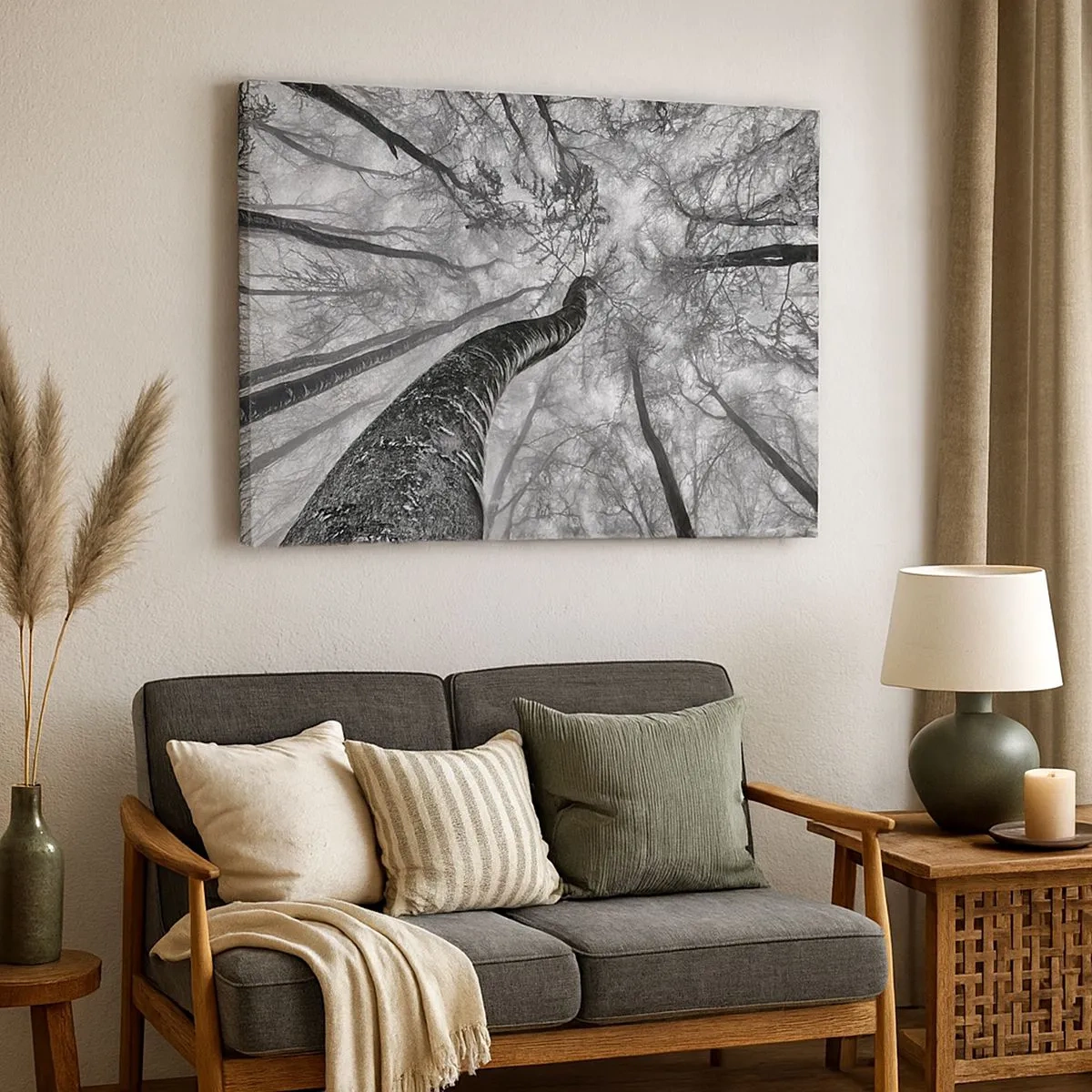 Canvas picture - Perspective of trees in a forest seen from below in shades of gray - 70x50cm - Race for the Light - Modern wall decoration for the living room and bedroom ARTTOR