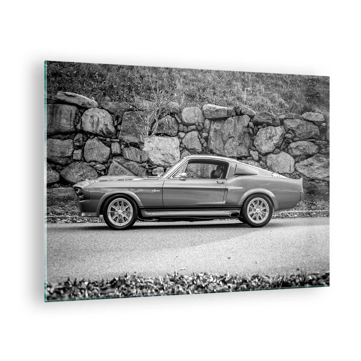 Glass picture - A classic car against a stone wall - 70x50cm - Legend of the 60-ies - Modern wall decoration for the living room and bedroom ARTTOR