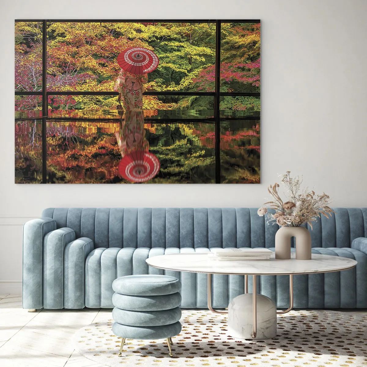 Glass picture - A woman in a kimono with an umbrella against an autumn landscape, reflected in the water. - 70x50cm - In a Temple of Nature - Modern wall decoration for the living room and bedroom ARTTOR